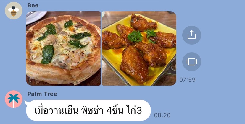 ตัวอย่างการแชร์รูปอาหารและรับ feedback จากโค้ชในกลุ่ม LINE - นักเรียนส่งรูปพิซซ่าและไก่ทอด โค้ชช่วยประเมินแคลอรี่
